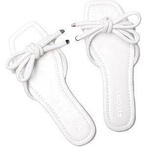 Women's All White Square Open Toe Thong Cute Knot  Flat Sandals Shoes